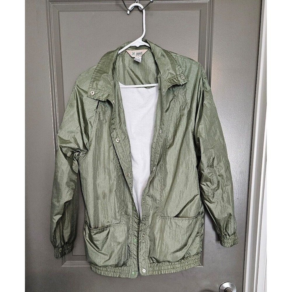 Vintage Haband Olive‎ Green Nylon Jacket Snap Front Pockets Lightweight Small